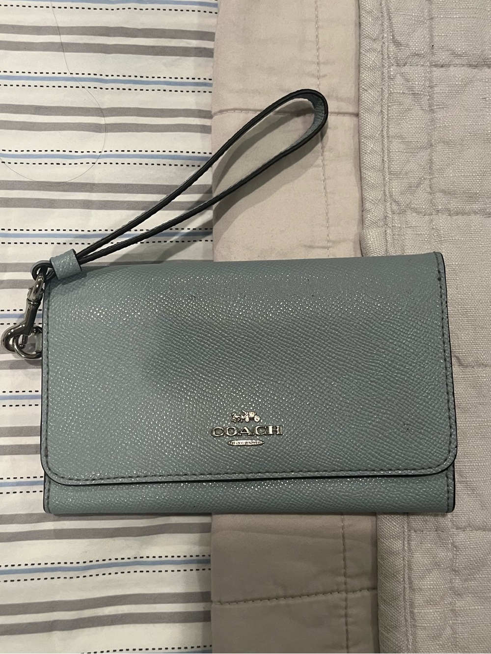 Coach Light Blue Pebbled Leather Wristlet Clutch